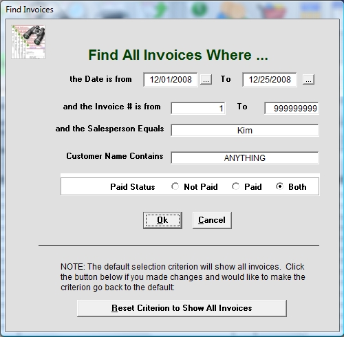 Screen Shot of the Snappy Invoice System Find Screen